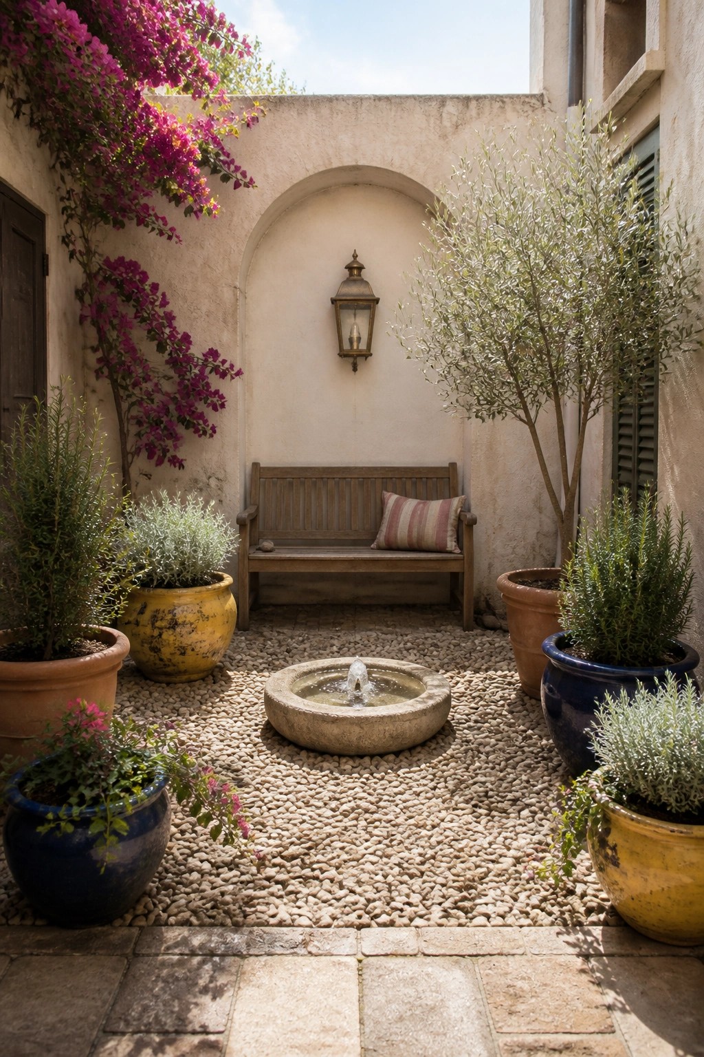 A small courtyard with a round stone fountain centered on a pebble surface, surrounded by large colorful ceramic pots holding green shrubs and flowers, a wooden bench against a stucco wall, and bougainvillea growing on the left.