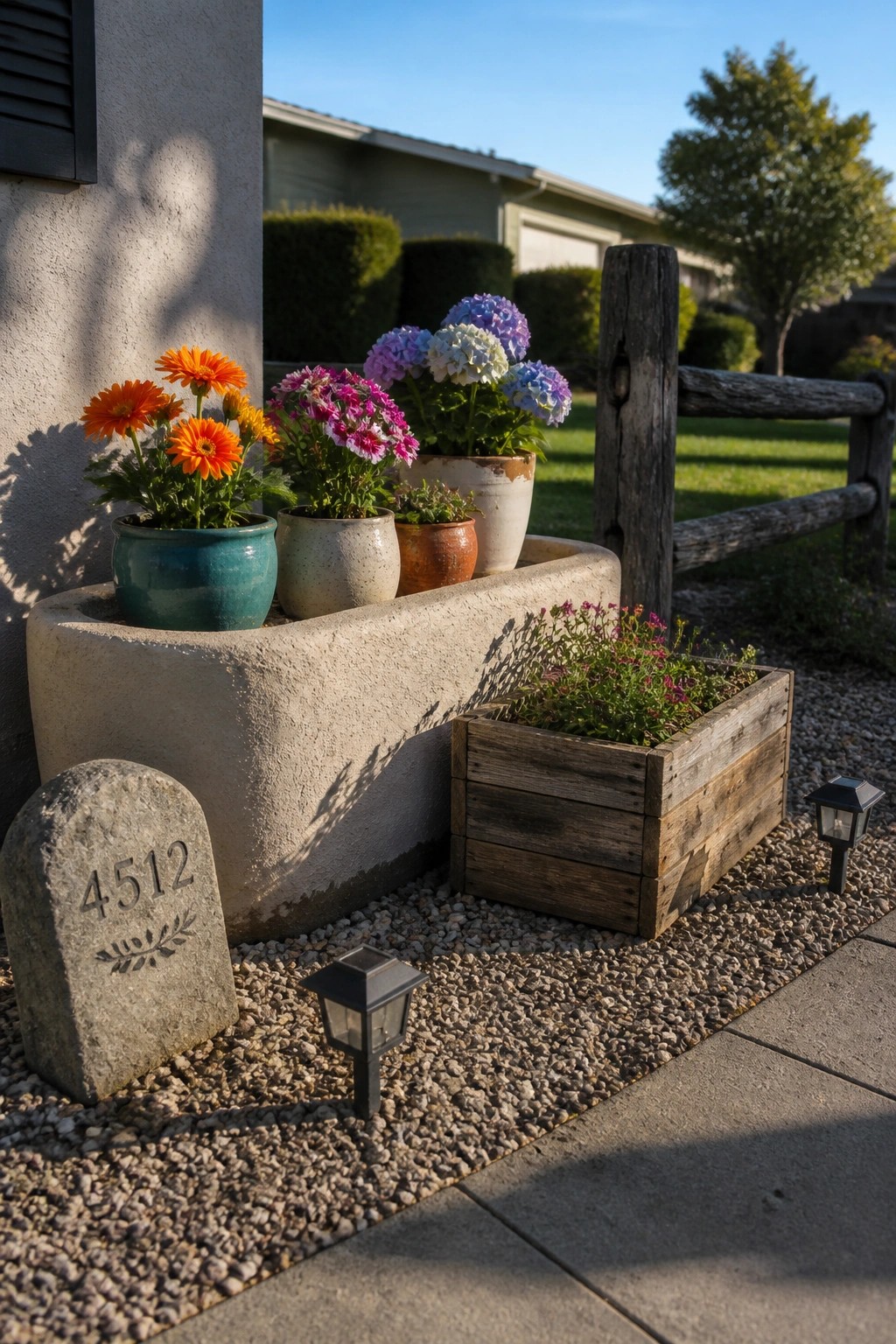A large concrete trough holds multiple colorful potted flowers next to a wooden planter box on gravel, with a stone house number marker nearby.