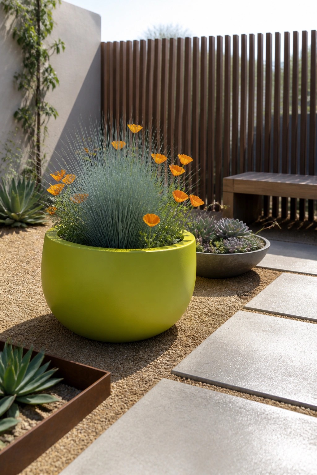 A large lime green planter filled with blue-green grass-like plants and orange flowers sits on gravel next to concrete pavers in an outdoor garden.