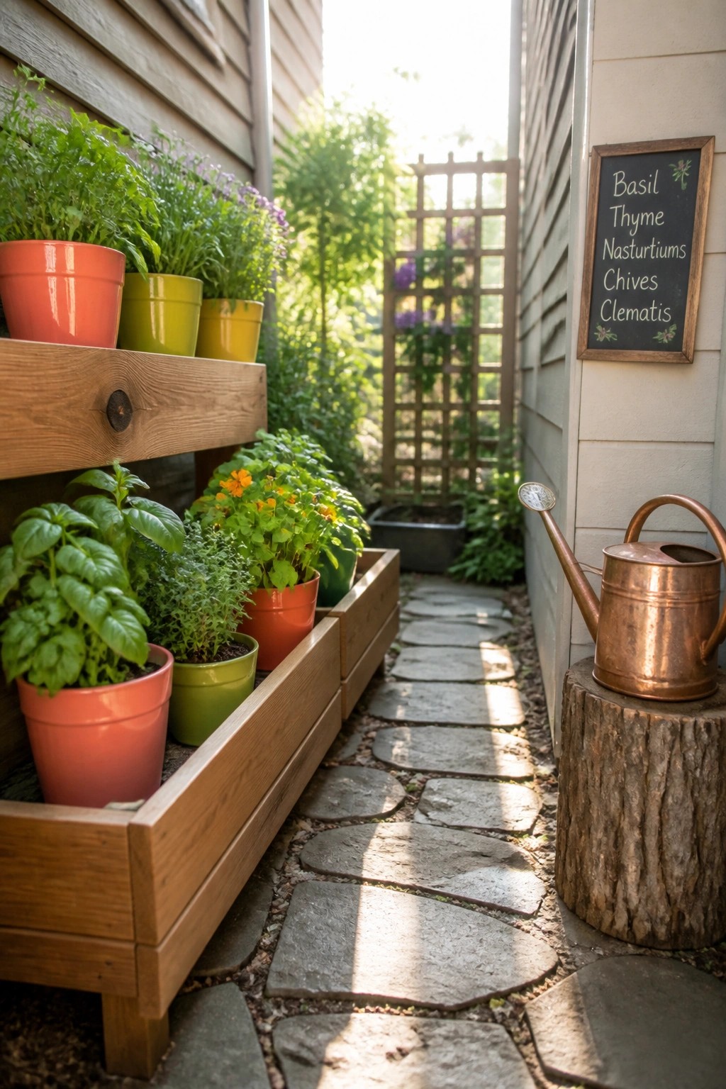 A narrow stone garden path lined with wooden raised beds and wall-mounted shelves holding colorful pots of herbs and flowers, plus a copper watering can resting on a tree stump.