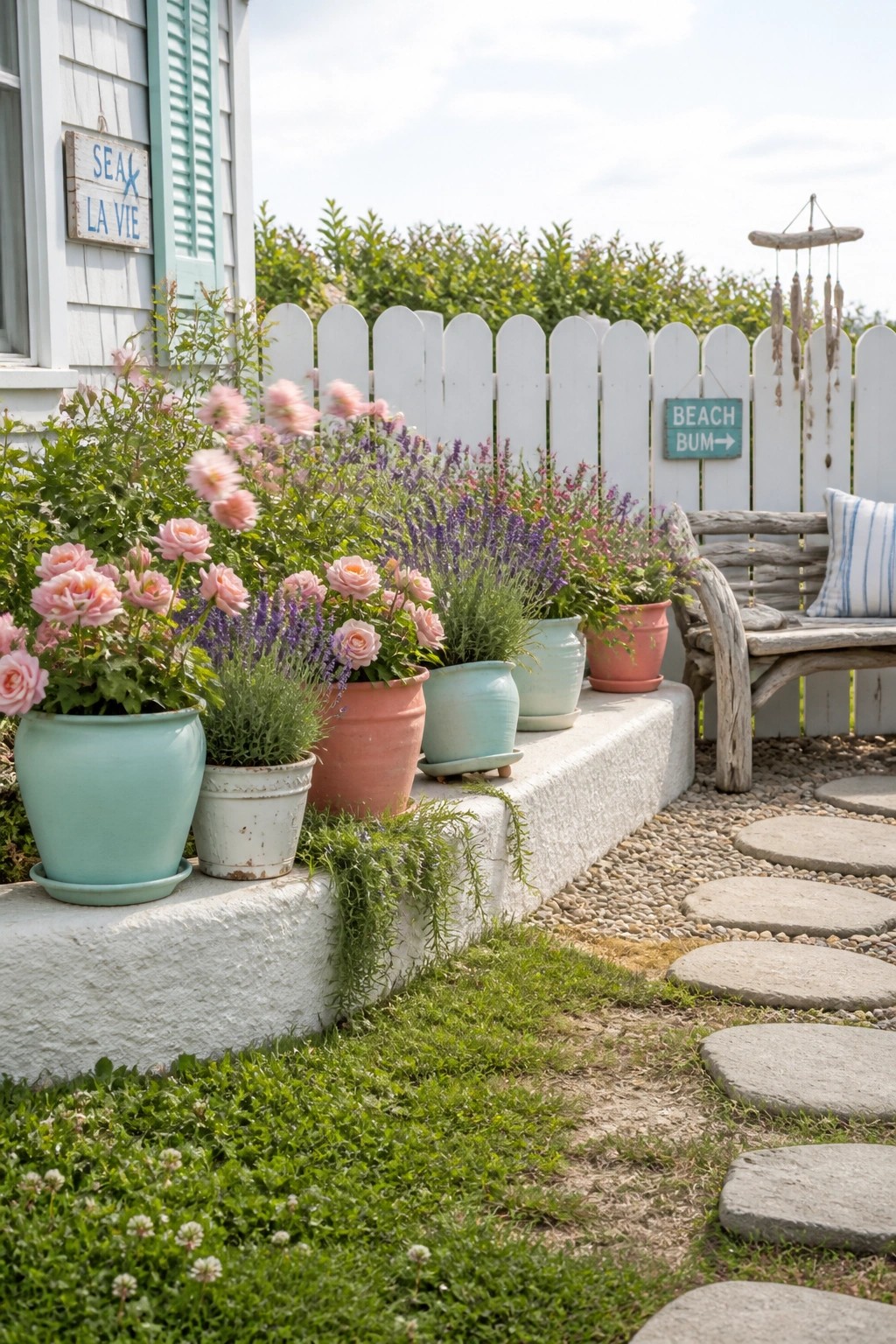 Pastel potted roses and lavender by white fence, rustic bench, and stone path.