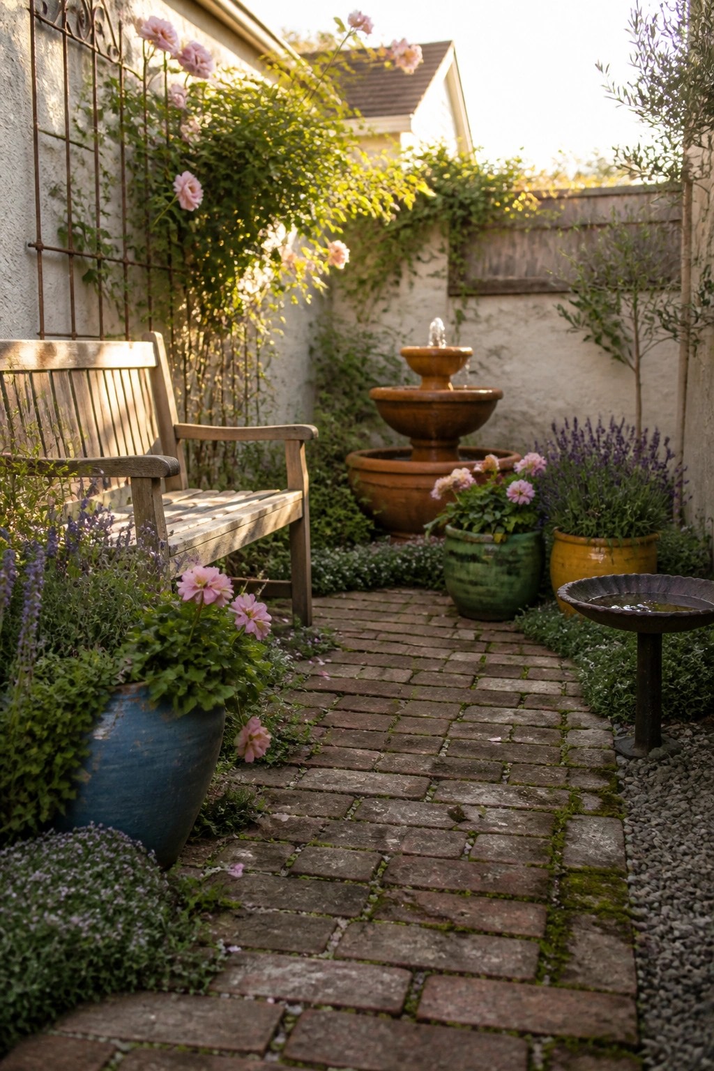 A narrow brick garden path lined with colorful pots of flowers, a wooden bench on the left, and a terracotta fountain in the background.