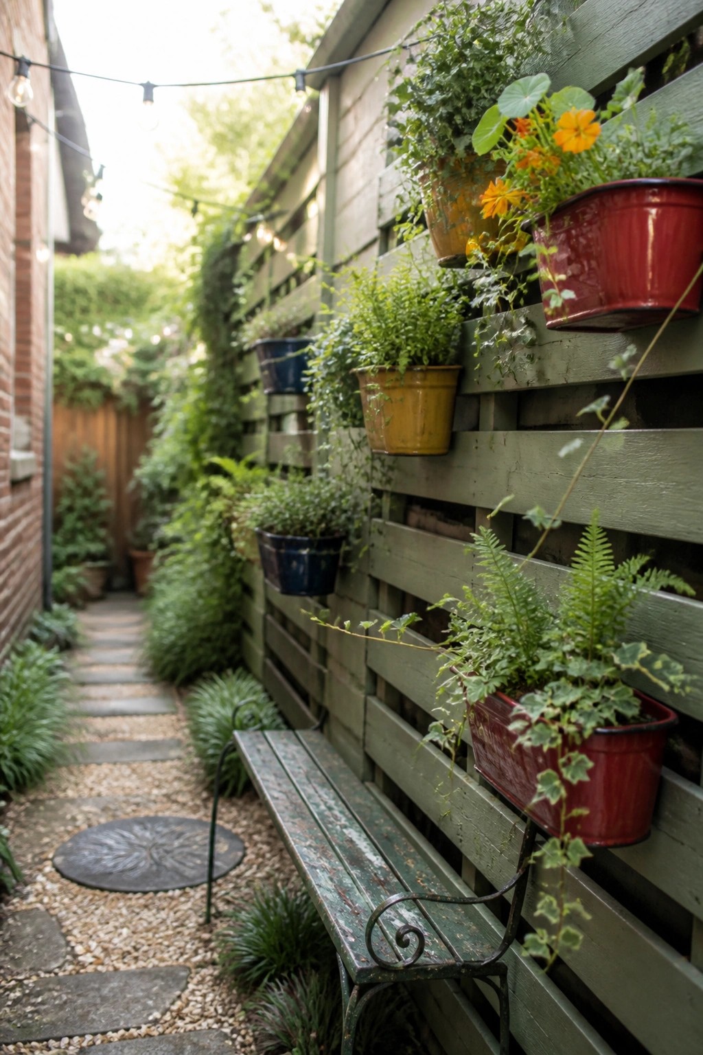 A narrow garden path beside a green wooden fence lined with colorful pots holding flowers and ferns, plus a weathered bench below.