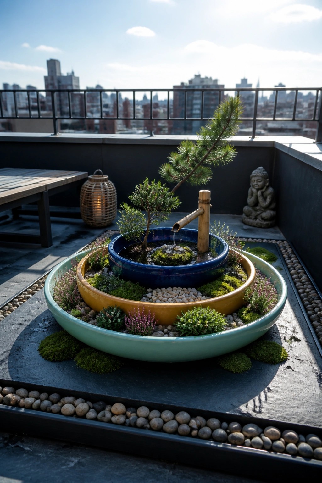 A rooftop terrace shows three nested ceramic pots in green, yellow, and blue holding plants and a bamboo water spout, surrounded by pebbles, moss, and small shrubs with a city skyline behind.