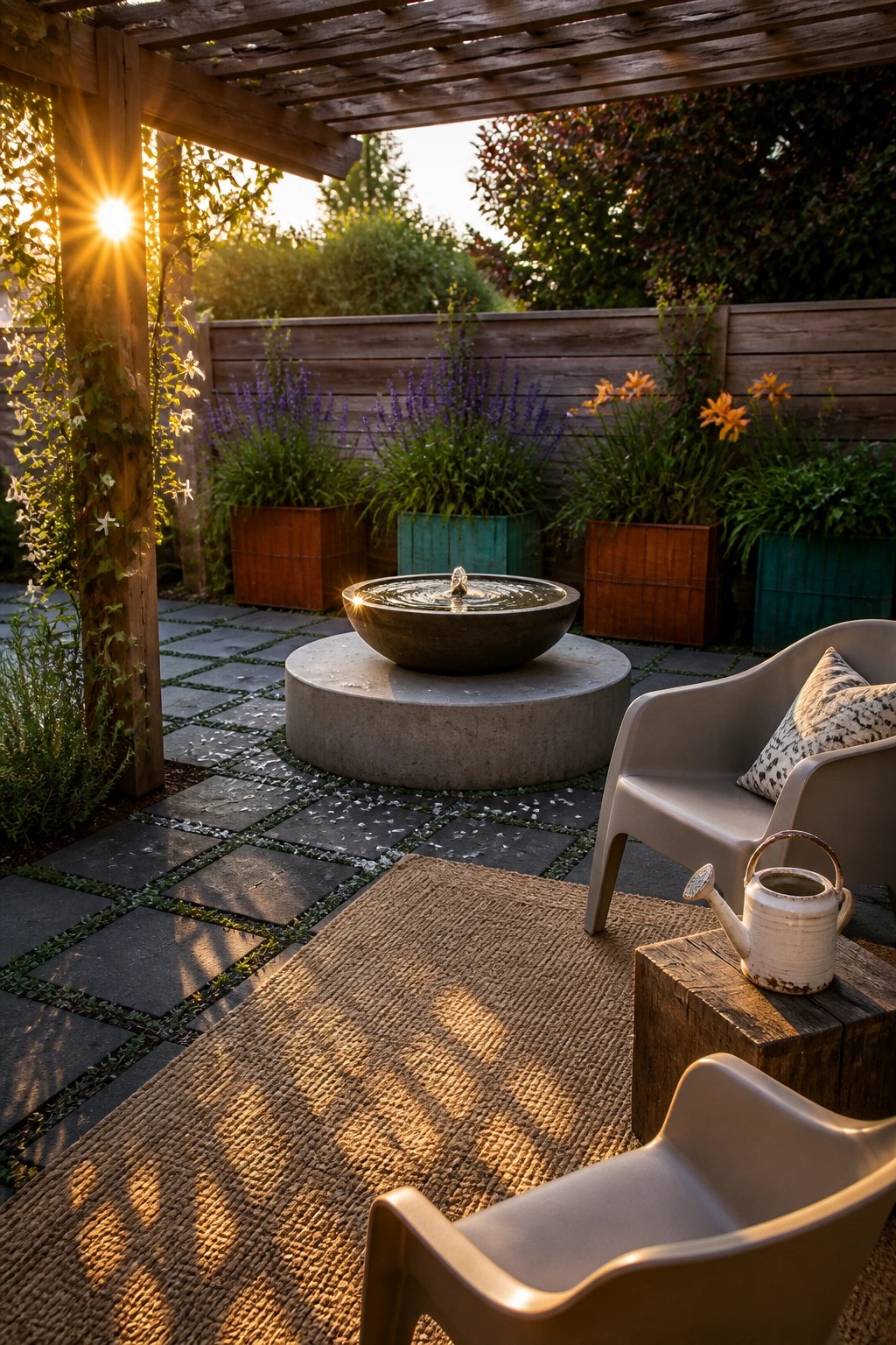 A dark bowl-shaped water fountain rests on a concrete pedestal in a paved garden area, with colorful pots of flowers nearby and two modern chairs on a woven rug.