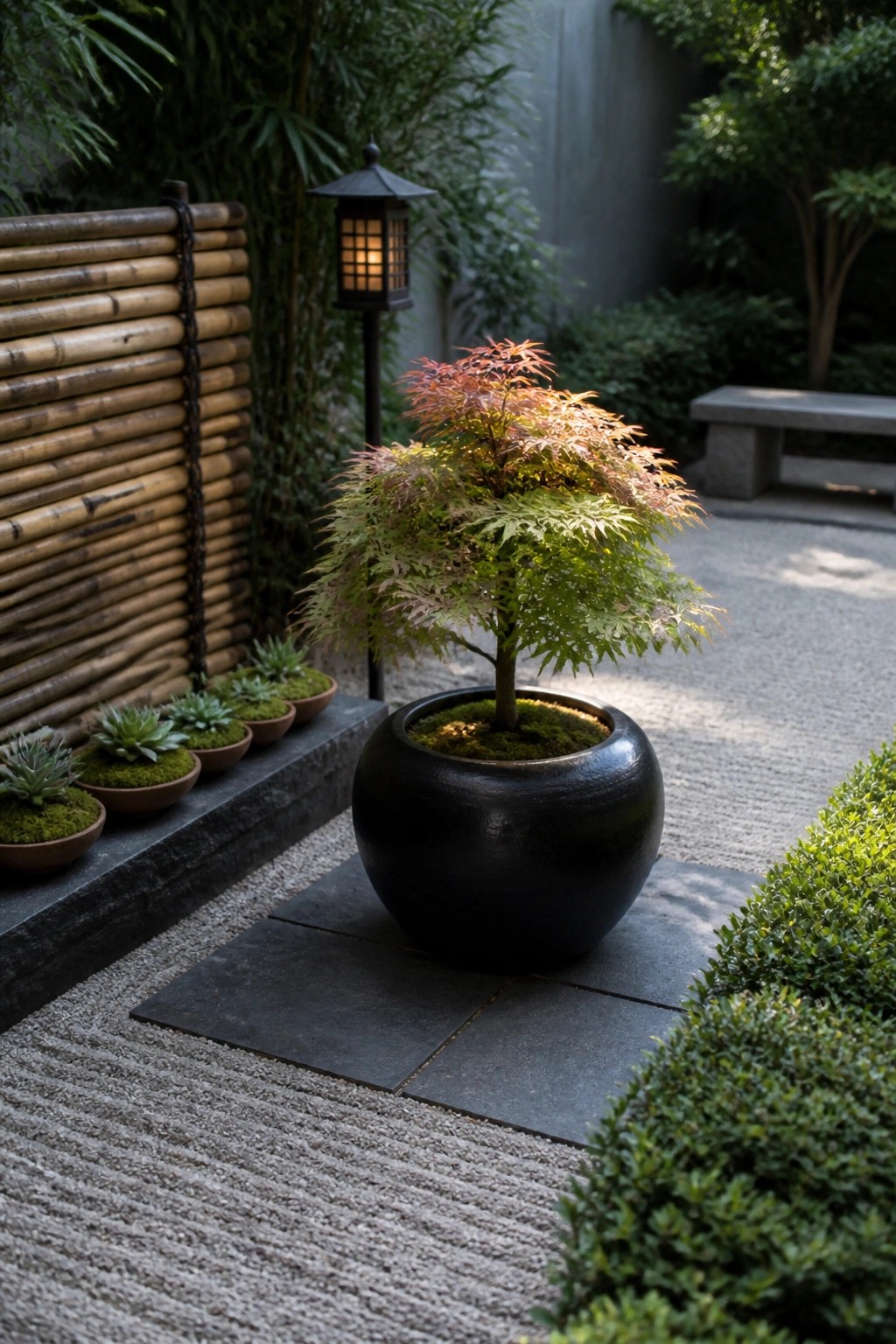A large black pot holding a colorful tree sits on stone pavers beside a gravel path, with smaller succulent pots lined along a low ledge and a bamboo fence in the background.