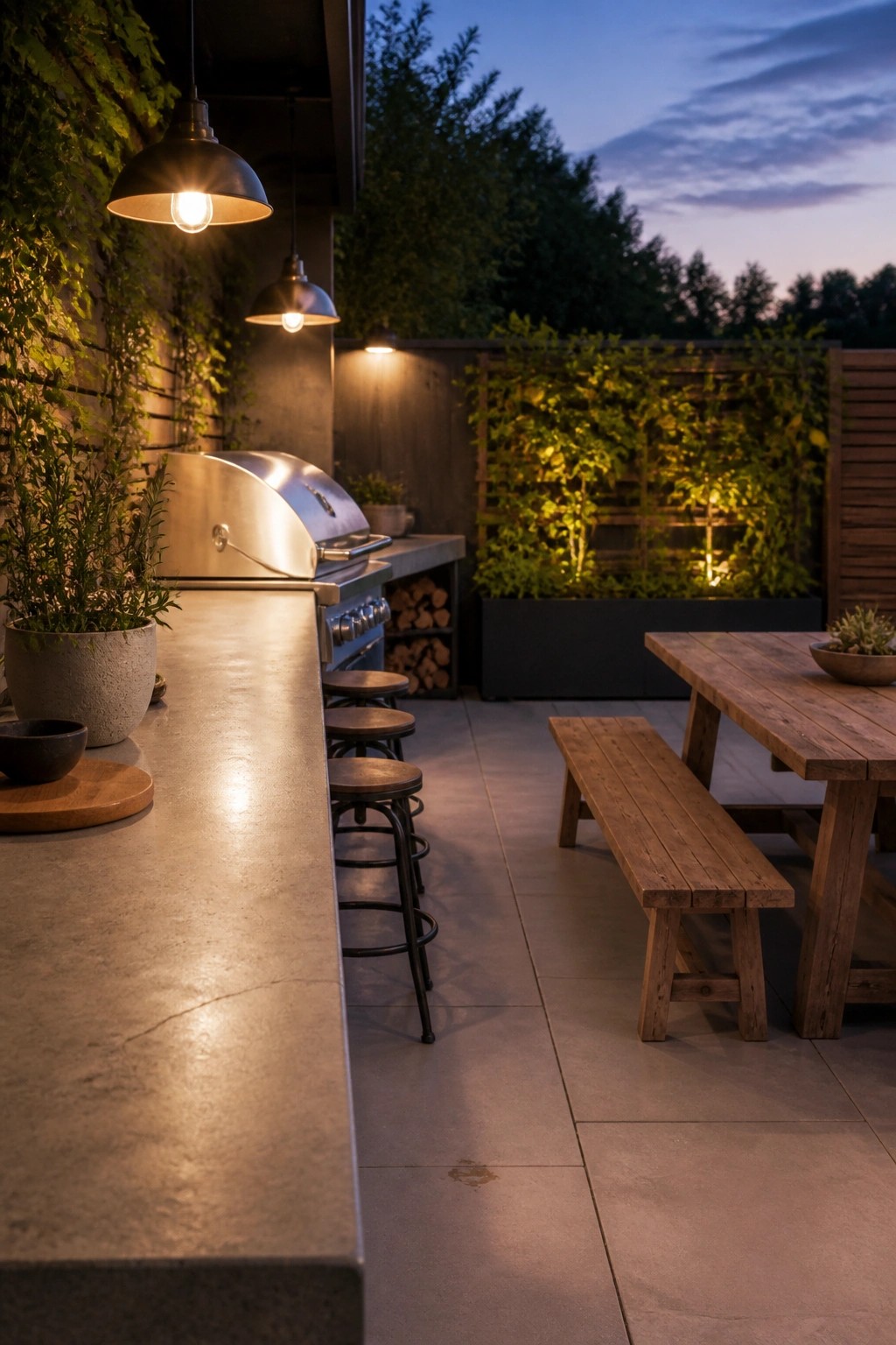 An outdoor patio at dusk with a concrete kitchen counter, stainless grill, bar stools, wooden dining table and bench, and climbing plants growing on a lit trellis wall.