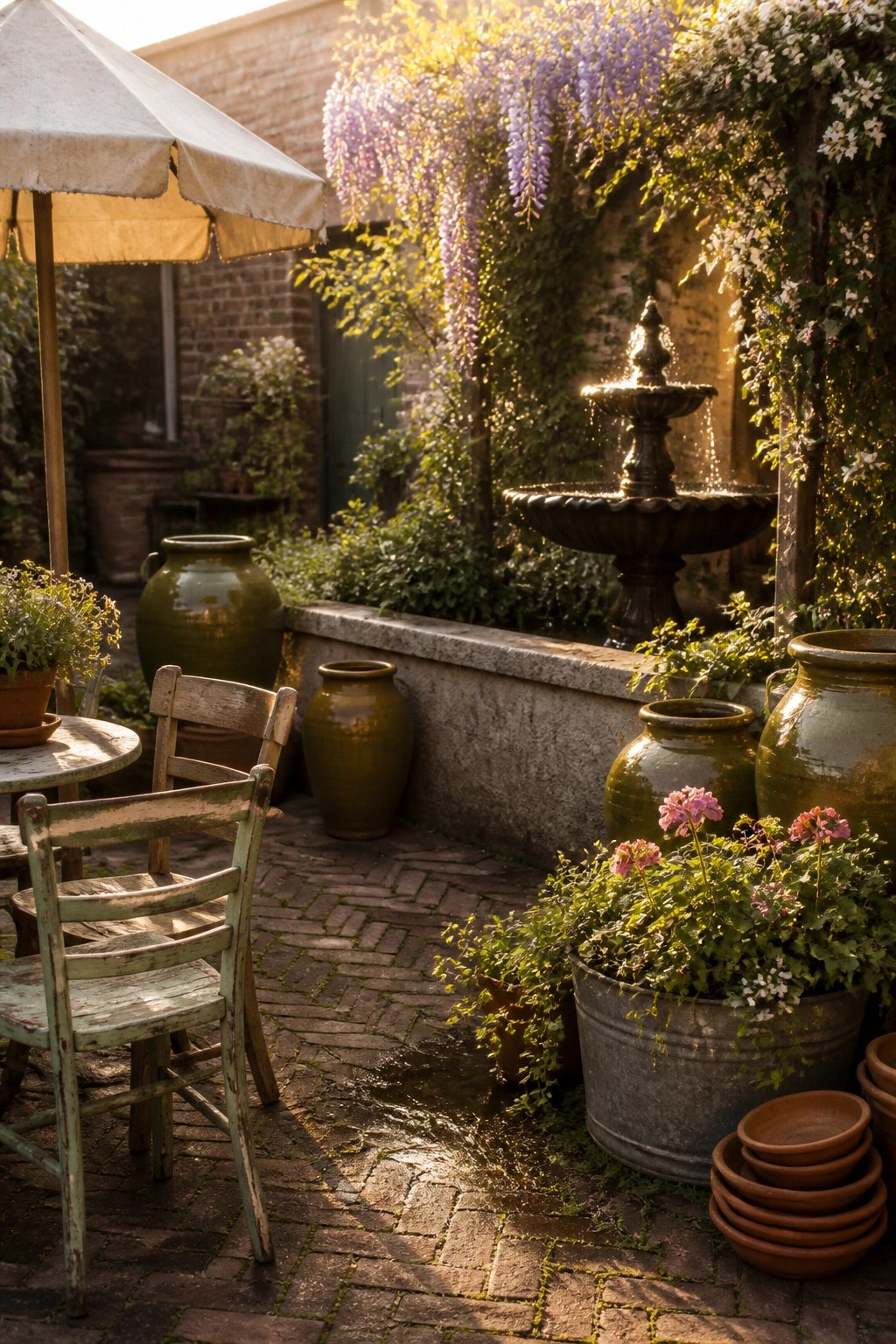 A brick patio with weathered wooden chairs and a table under a white umbrella, surrounded by multiple large green ceramic pots, a stone fountain, and climbing purple flowers on the walls.