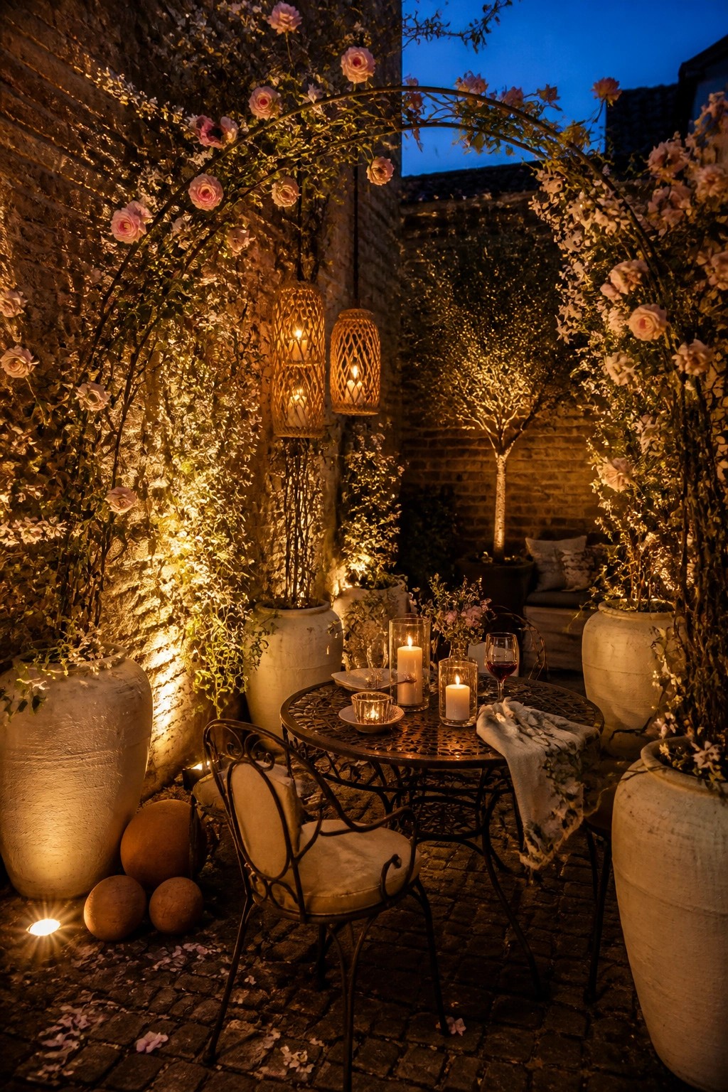 A small brick patio at dusk with a round metal table and two chairs surrounded by large white pots holding climbing pink roses on arched frames, lit by candles and hanging lanterns.