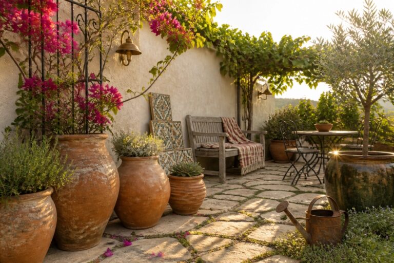 17 Lush Patio Garden Ideas Built Around Oversized Pots and Climbing Plants A stone patio with large terracotta pots, climbing pink flowers on the wall, a wooden bench, and an outdoor table surrounded by greenery.