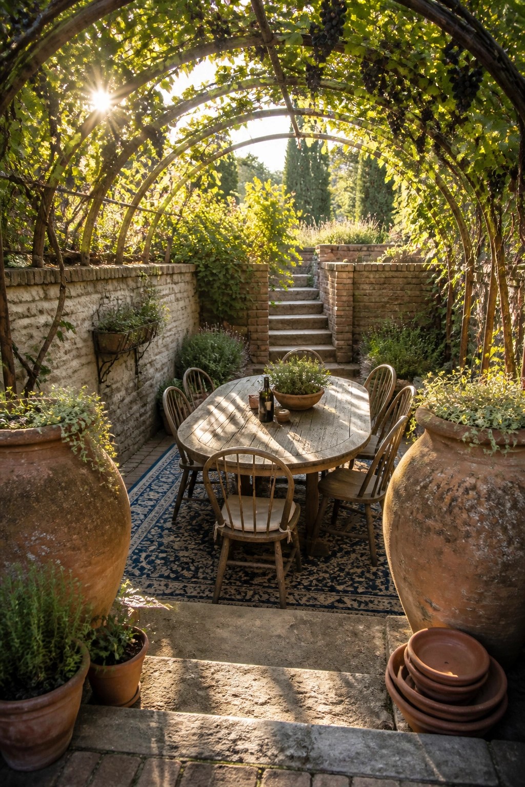 A round wooden dining table sits under a grapevine arbor on a brick patio, surrounded by large terracotta pots and wooden chairs.