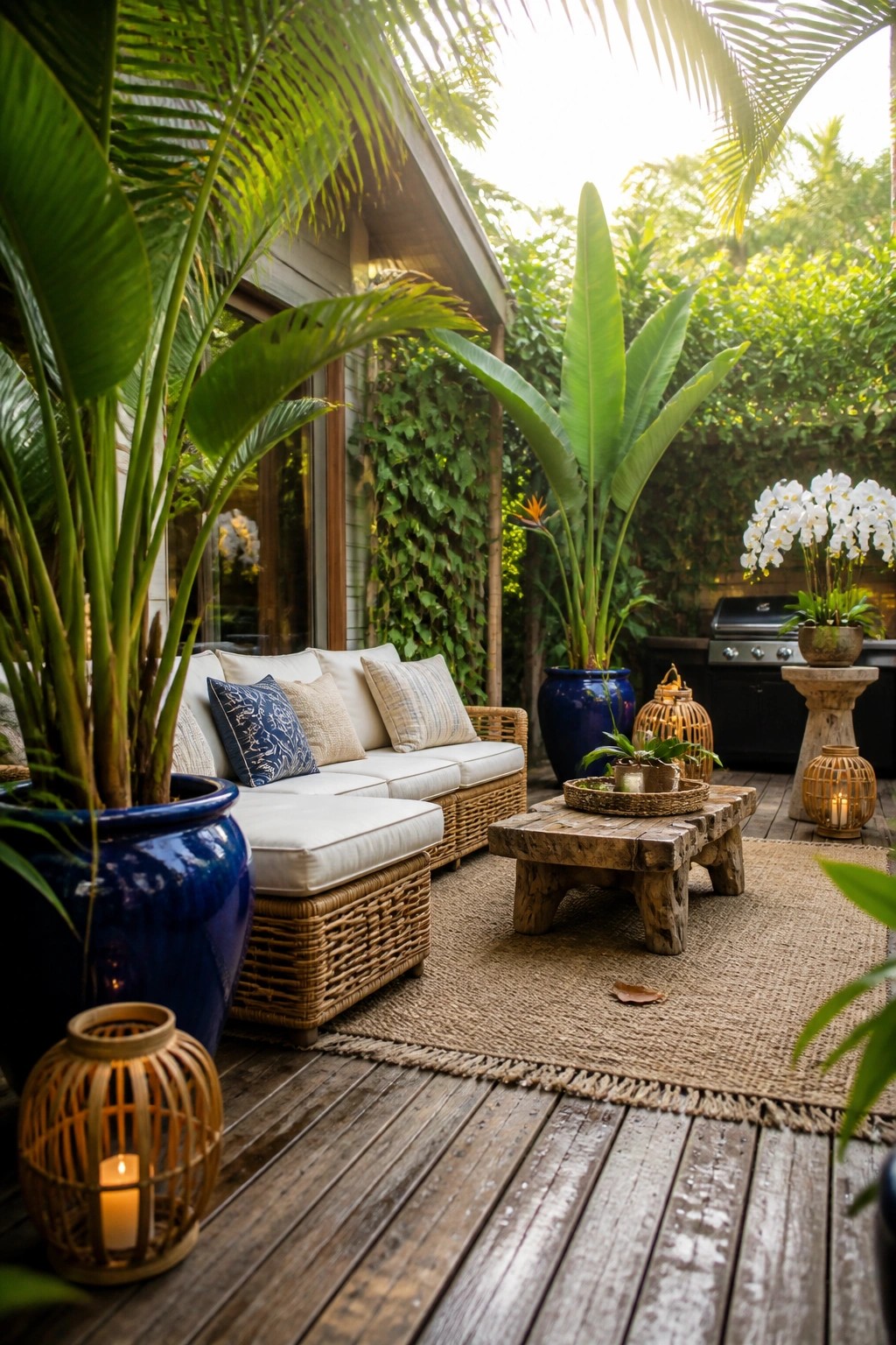 A wooden deck patio features a wicker sectional sofa with white cushions, large blue ceramic pots with tropical plants and climbing vines, a rustic wooden coffee table on a woven rug, and several lit lanterns.