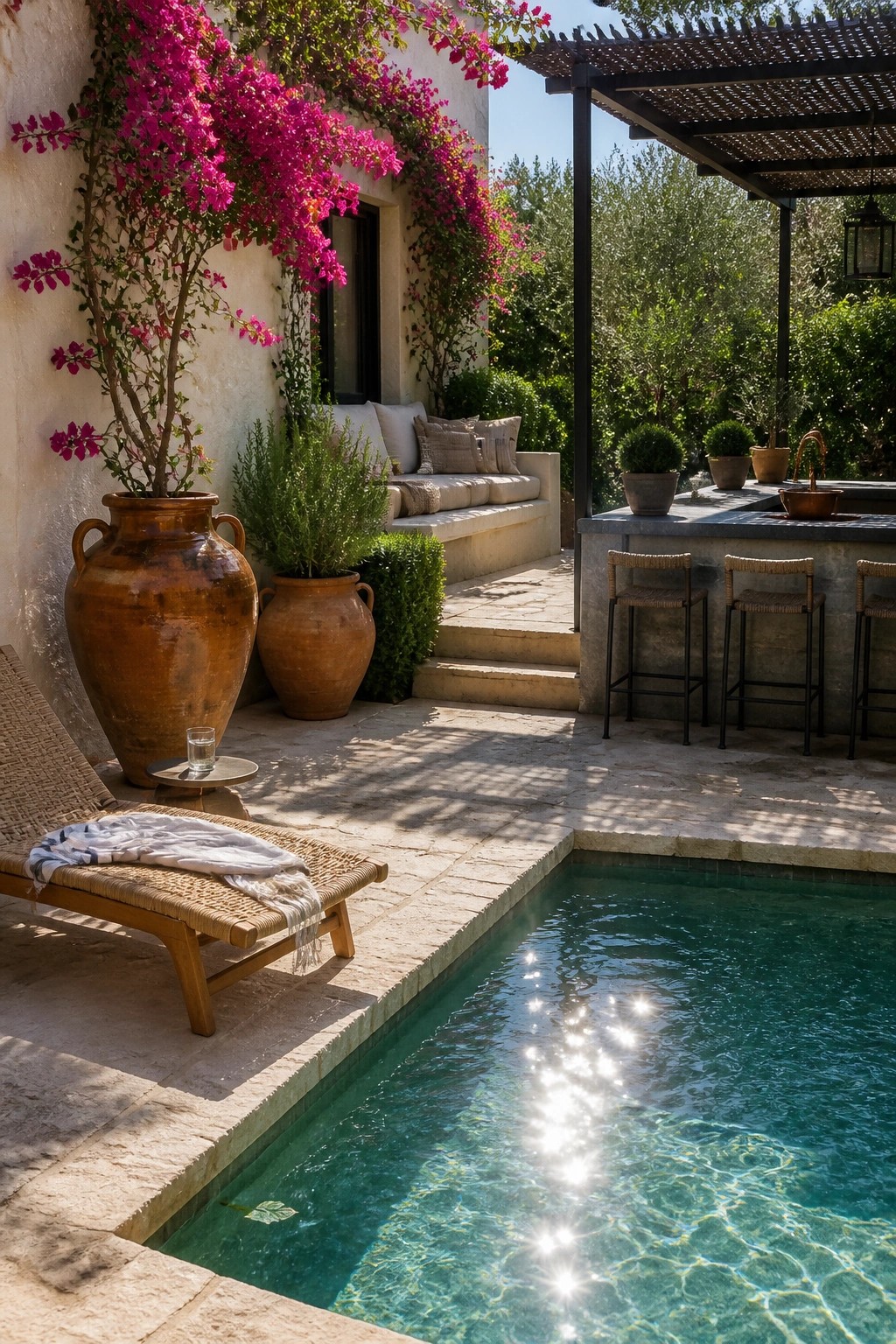 A stone patio beside a swimming pool with large terracotta pots holding climbing pink flowers, a lounge chair, and an outdoor bar area.