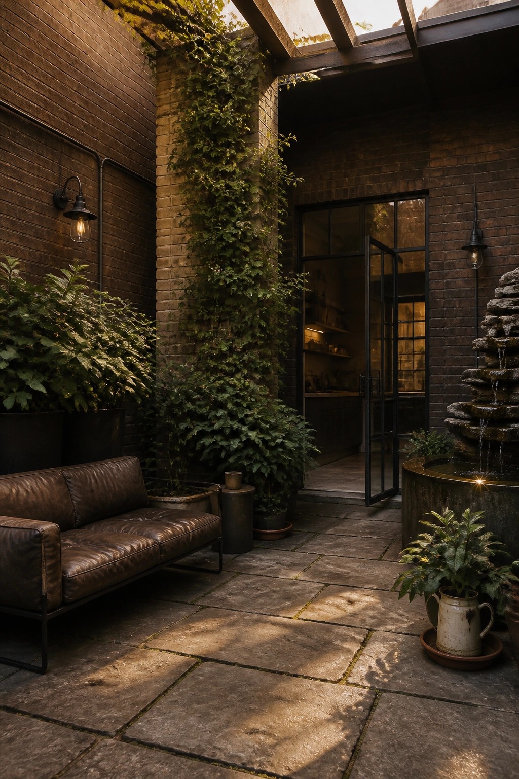 A stone patio courtyard with a brown leather sofa, large potted plants, ivy climbing a brick wall, a tiered fountain, and an open glass door leading inside.