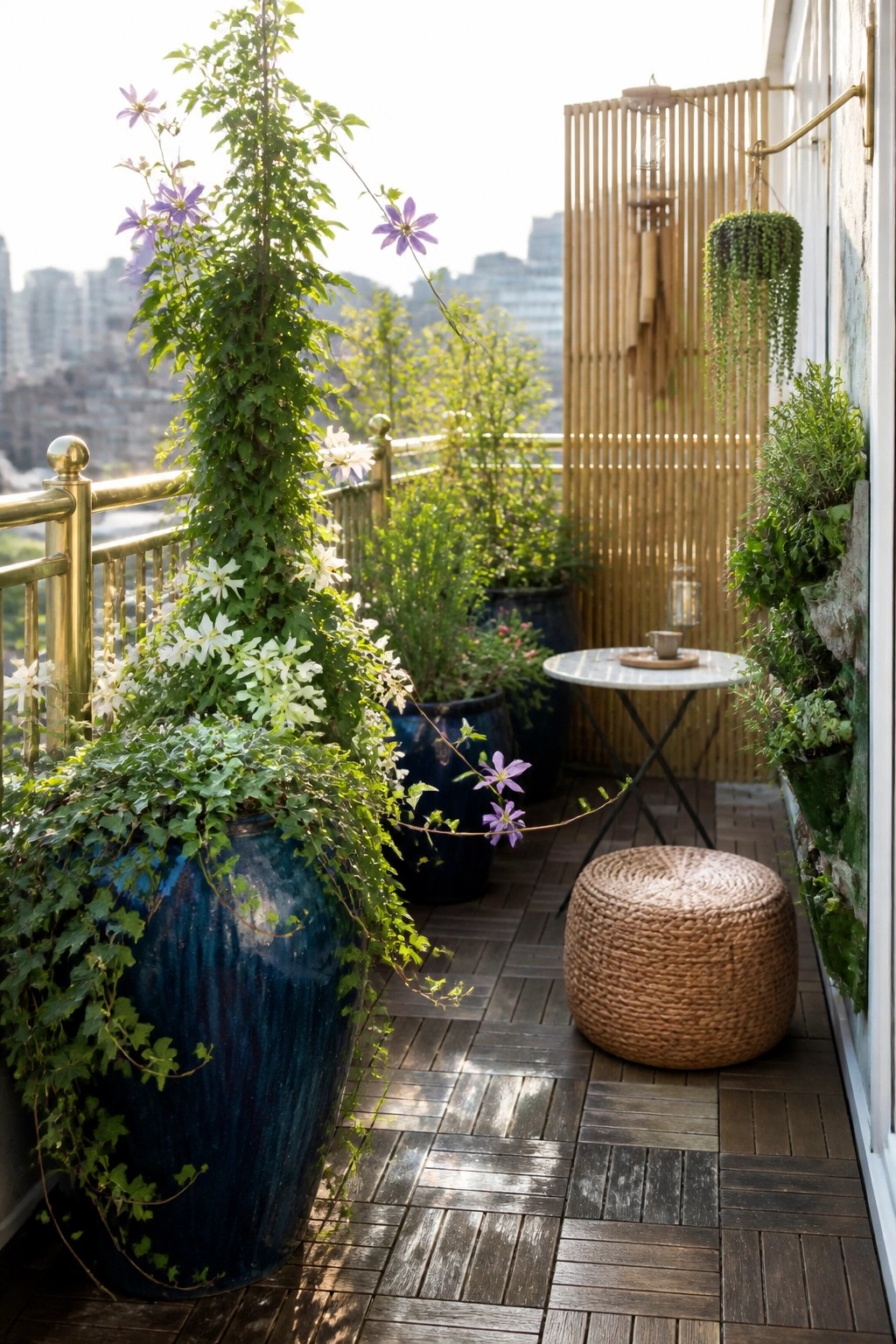 Lush balcony garden with blue pots, woven stool, plants, and city view.