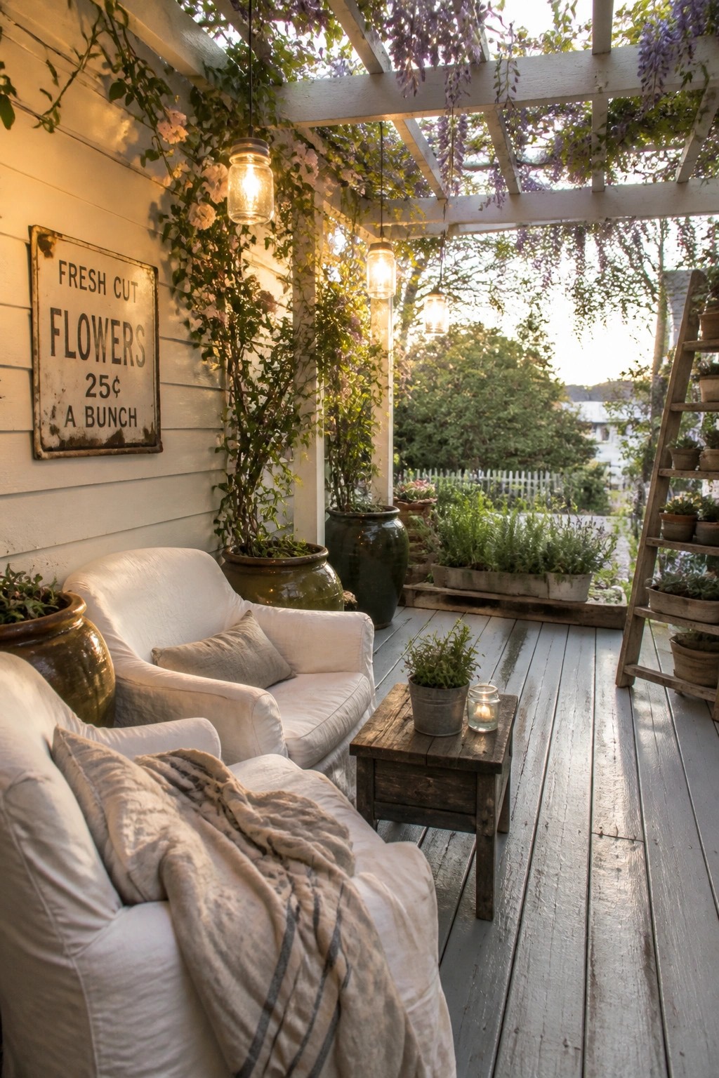 Cozy white porch with vintage flower sign, hanging mason jar lights, and potted plants