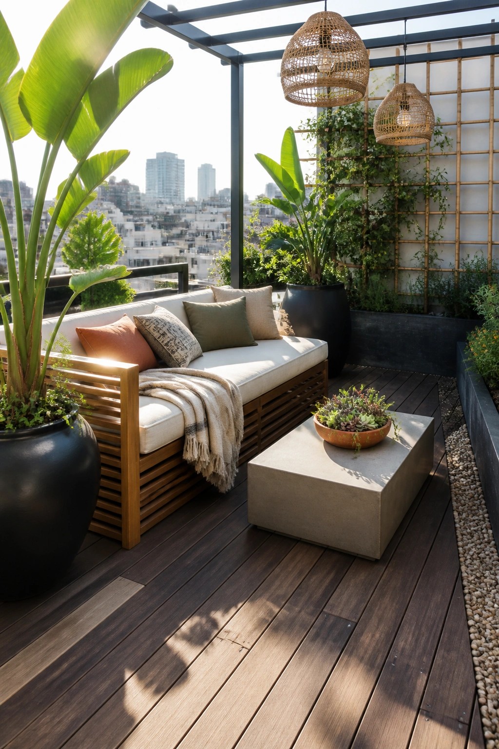 A rooftop patio with dark wood decking, a low wooden sofa with cushions, two large black pots holding tall leafy plants, a concrete table with a small succulent bowl, and a bamboo trellis covered in climbing vines.