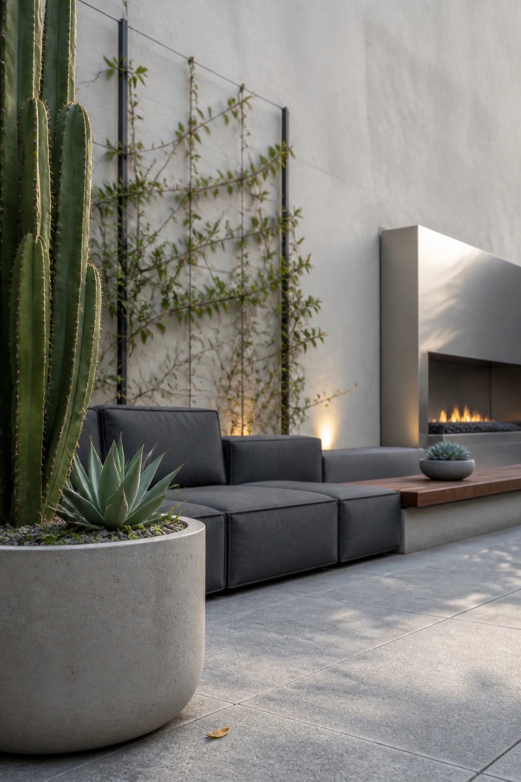 A modern outdoor patio with a large concrete planter holding a tall cactus and agave plant beside a gray sectional sofa, climbing vines on a wire trellis against a concrete wall, and a built-in fireplace.