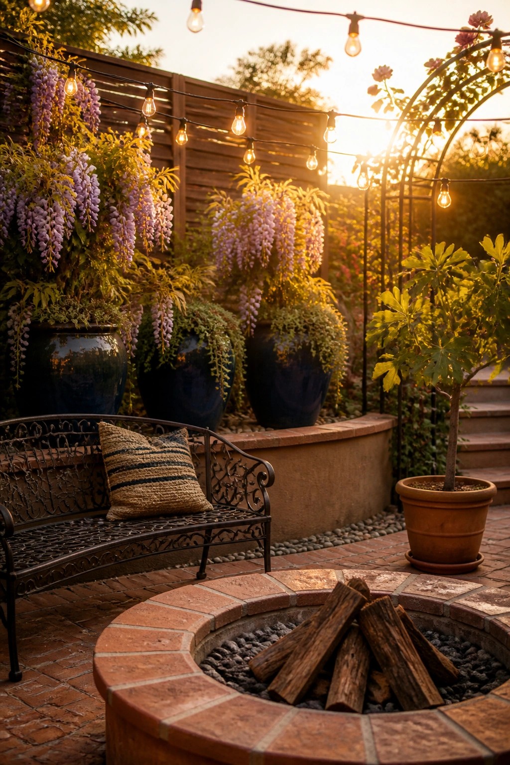 A brick patio at sunset features a round brick fire pit with logs, a metal bench with a striped pillow, several large blue ceramic pots holding purple wisteria vines, string lights overhead, and a smaller potted tree near steps.