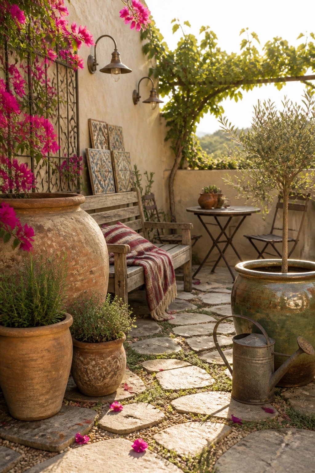 A stone patio with large terracotta pots, climbing pink flowers on the wall, a wooden bench, and an outdoor table surrounded by greenery.