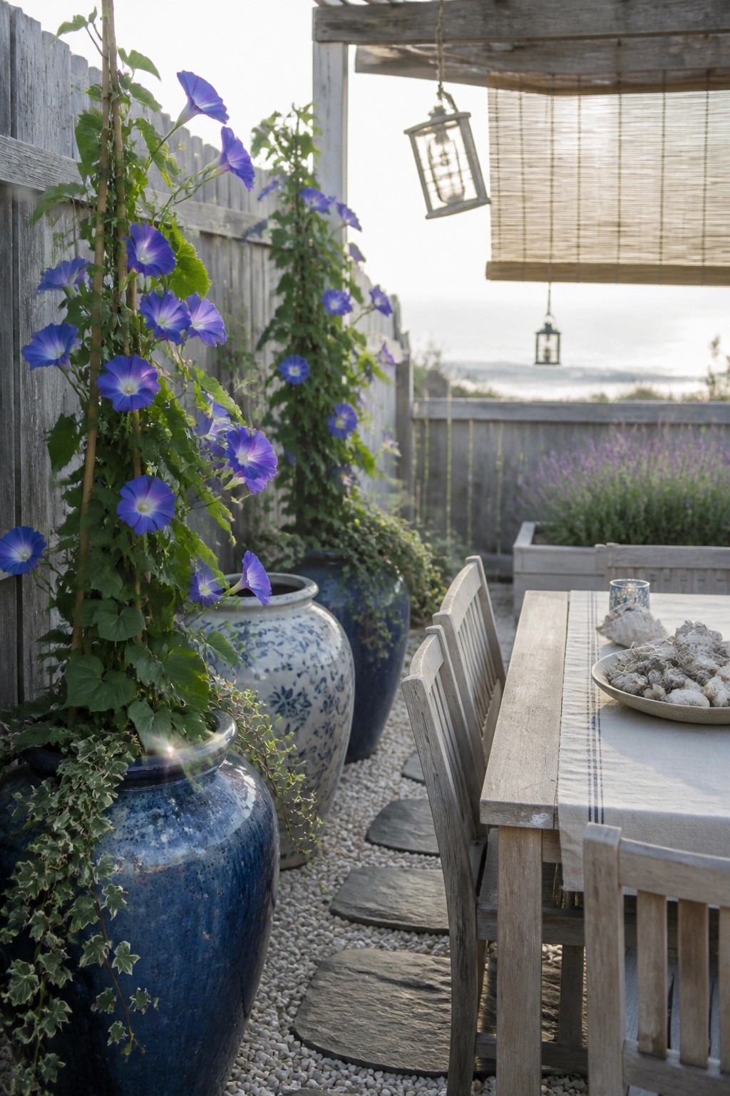 A wooden outdoor dining table on a gravel patio beside large blue ceramic pots holding climbing purple flowers against a gray fence.
