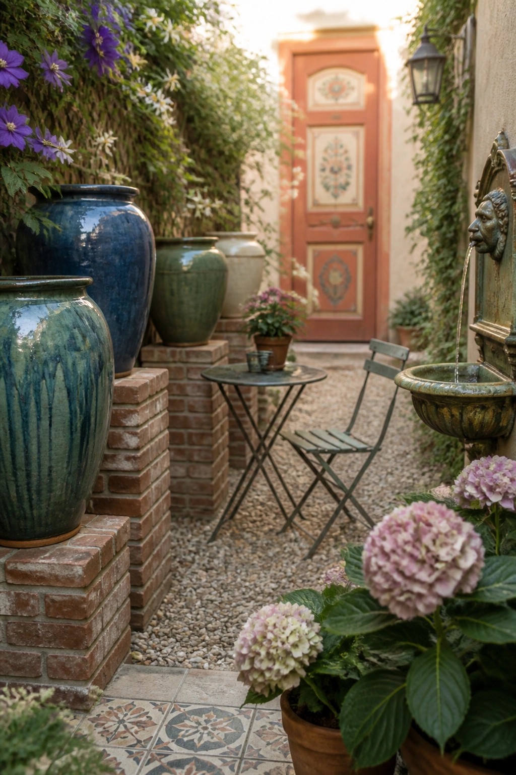 A narrow gravel patio lined with large glazed pots on brick pedestals, a wall fountain, potted hydrangeas, and a red door in the background.
