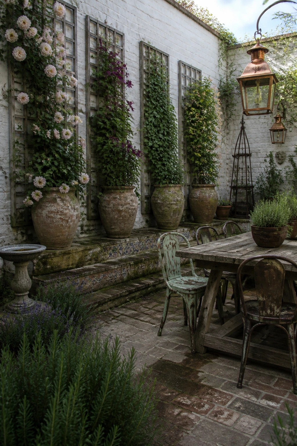 A brick patio with a weathered wooden table and metal chairs, several large terracotta pots holding climbing plants on wooden trellises against a white brick wall, and a copper lantern overhead.