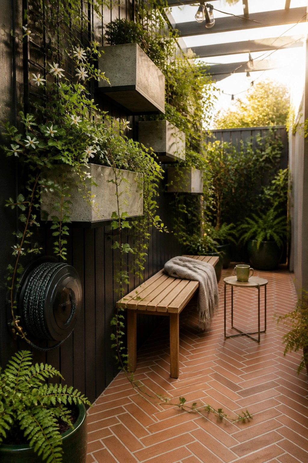 A narrow brick patio with a dark wooden wall holding several large gray concrete planters filled with green vines and white flowers, a wooden bench with a blanket, and a small side table nearby.