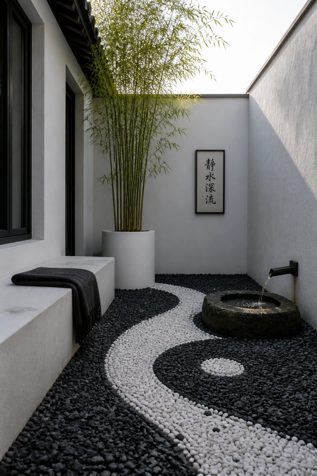 A small zen courtyard with black and white gravel arranged in a yin-yang pattern, a stone water basin, bamboo in a white pot, and a framed calligraphy scroll on the wall.