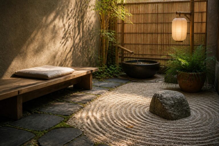 18 Peaceful Zen Patio Garden Ideas Using Gravel, Bamboo, and Simple Greenery A zen-style garden corner with raked gravel around a large central rock, a wooden bench holding a folded cloth, a black stone water basin fed by bamboo, and a path of dark stepping stones bordered by moss.