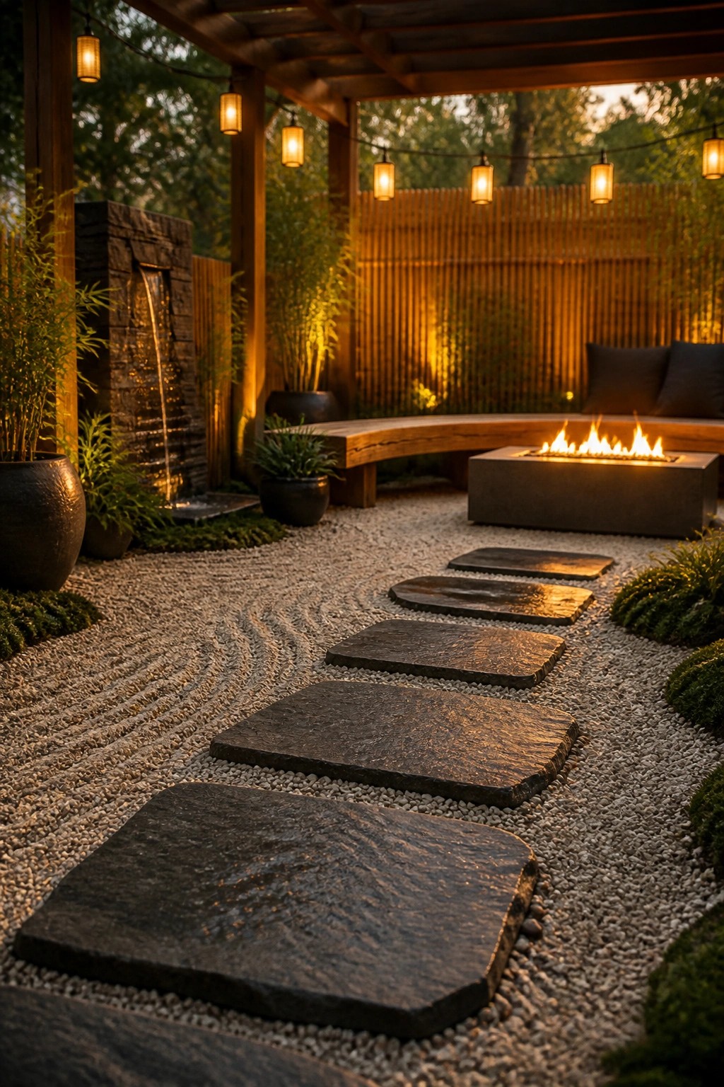 A gravel courtyard with irregular dark stepping stones forming a path toward a concrete fire pit, curved wooden bench, and string lights overhead, with bamboo and potted plants along the edges.