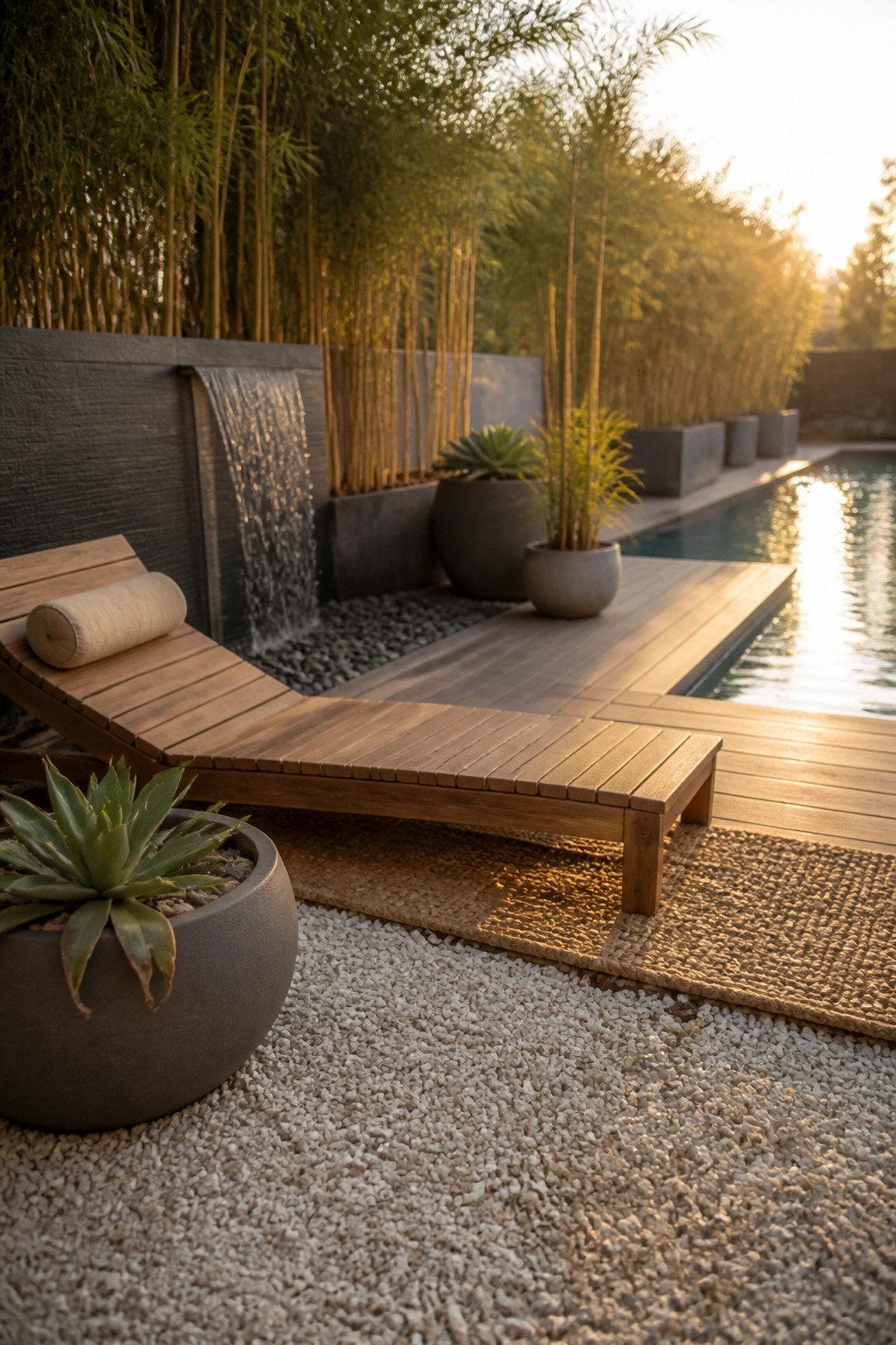 Wooden lounge chair beside pool with waterfall, bamboo plants, and woven rug at sunset