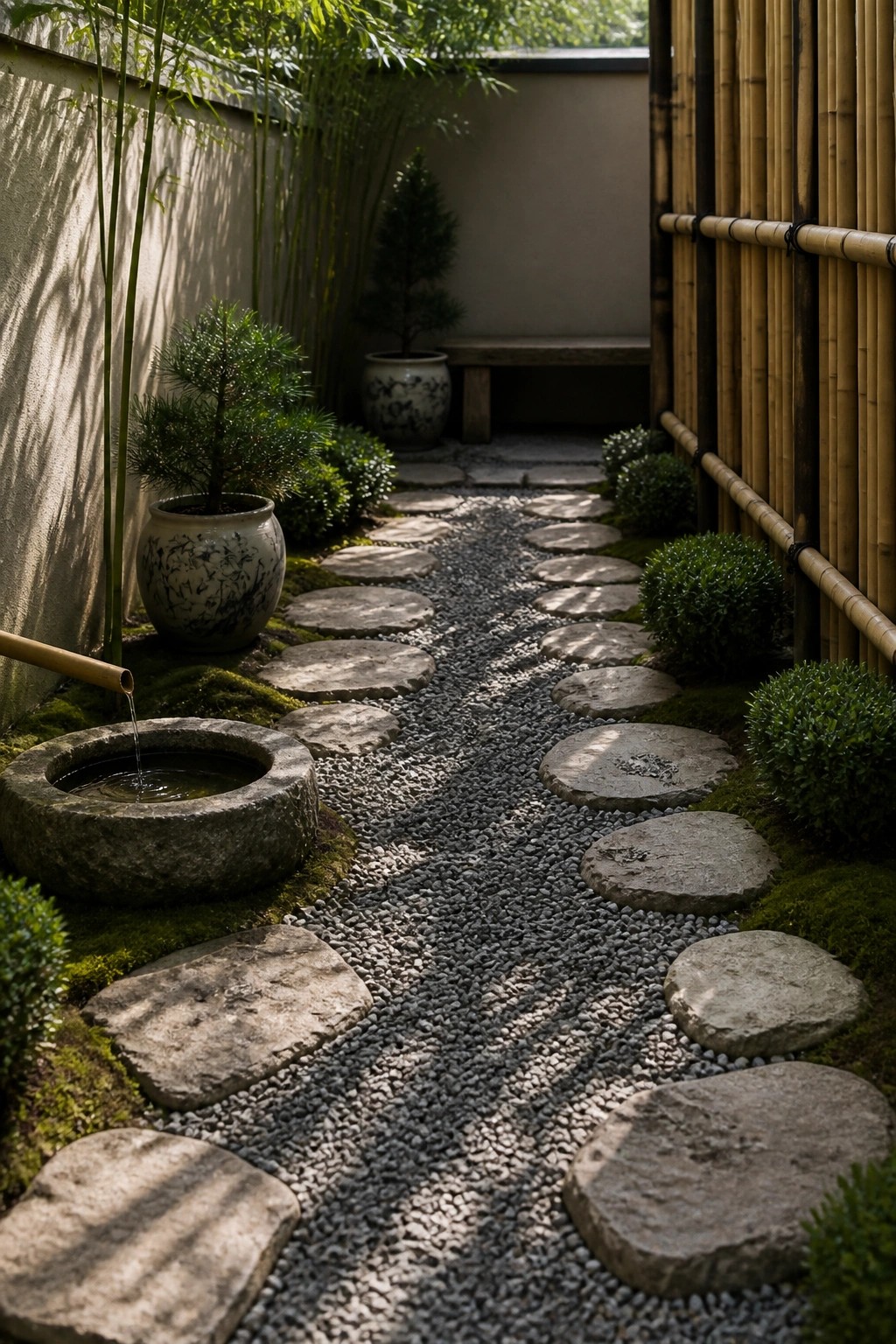 A narrow garden path of irregular stepping stones set in gravel, lined with potted plants, bamboo, and shrubs.