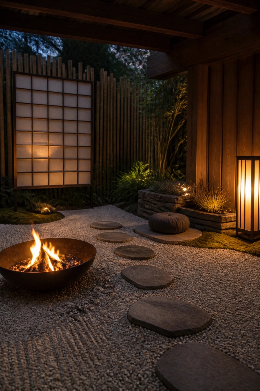 A gravel path with irregular stepping stones leads past a metal fire pit toward a round cushion and a tall lantern in a zen-style garden at dusk.