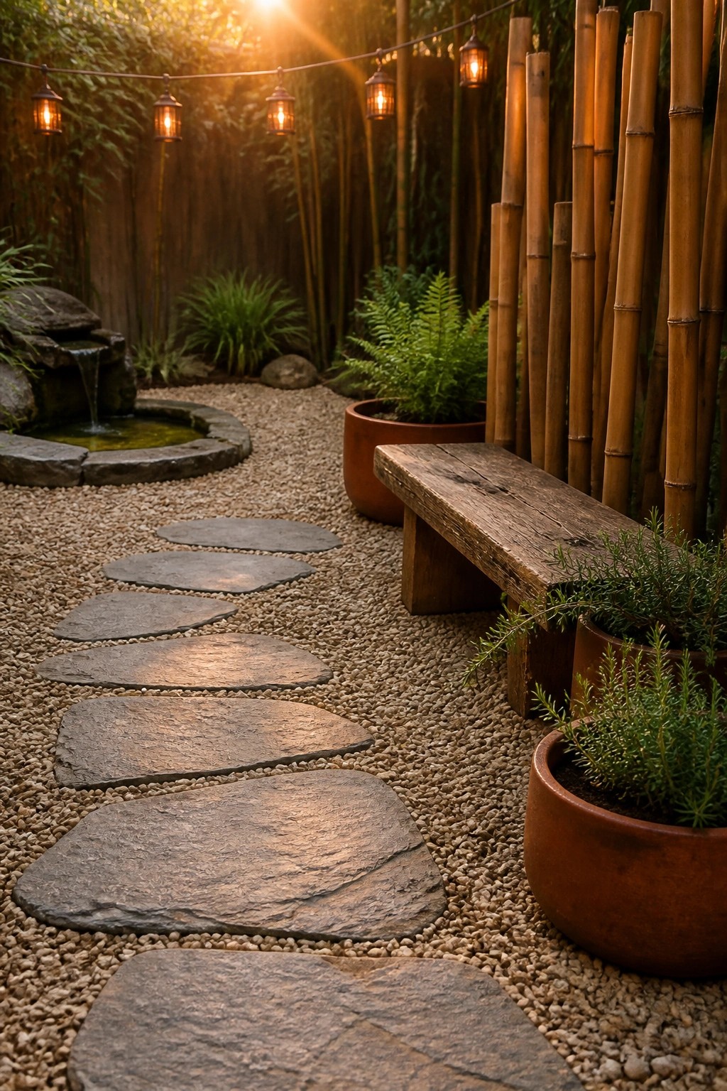 A gravel garden path with large irregular stepping stones, bamboo poles on the right, potted plants, and string lights overhead.