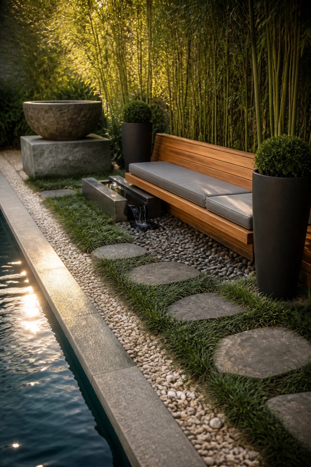 A modern wooden bench with gray cushions sits next to a small water feature, surrounded by gravel, round stepping stones, and tall bamboo plants.