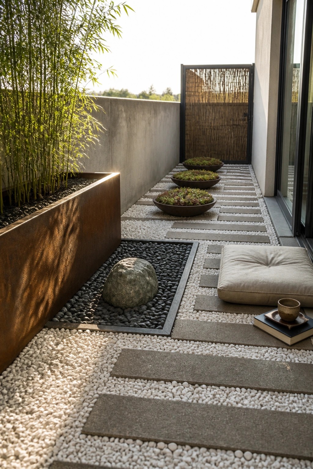 A narrow outdoor patio features white gravel, gray stone stepping stones, bamboo along the left wall, and three low bowls of greenery placed along the path.