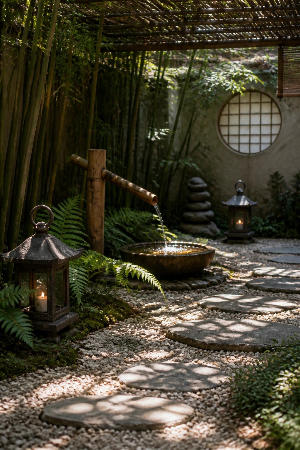 A gravel path with round stepping stones runs through a bamboo garden past a stone water basin and two lit lanterns.
