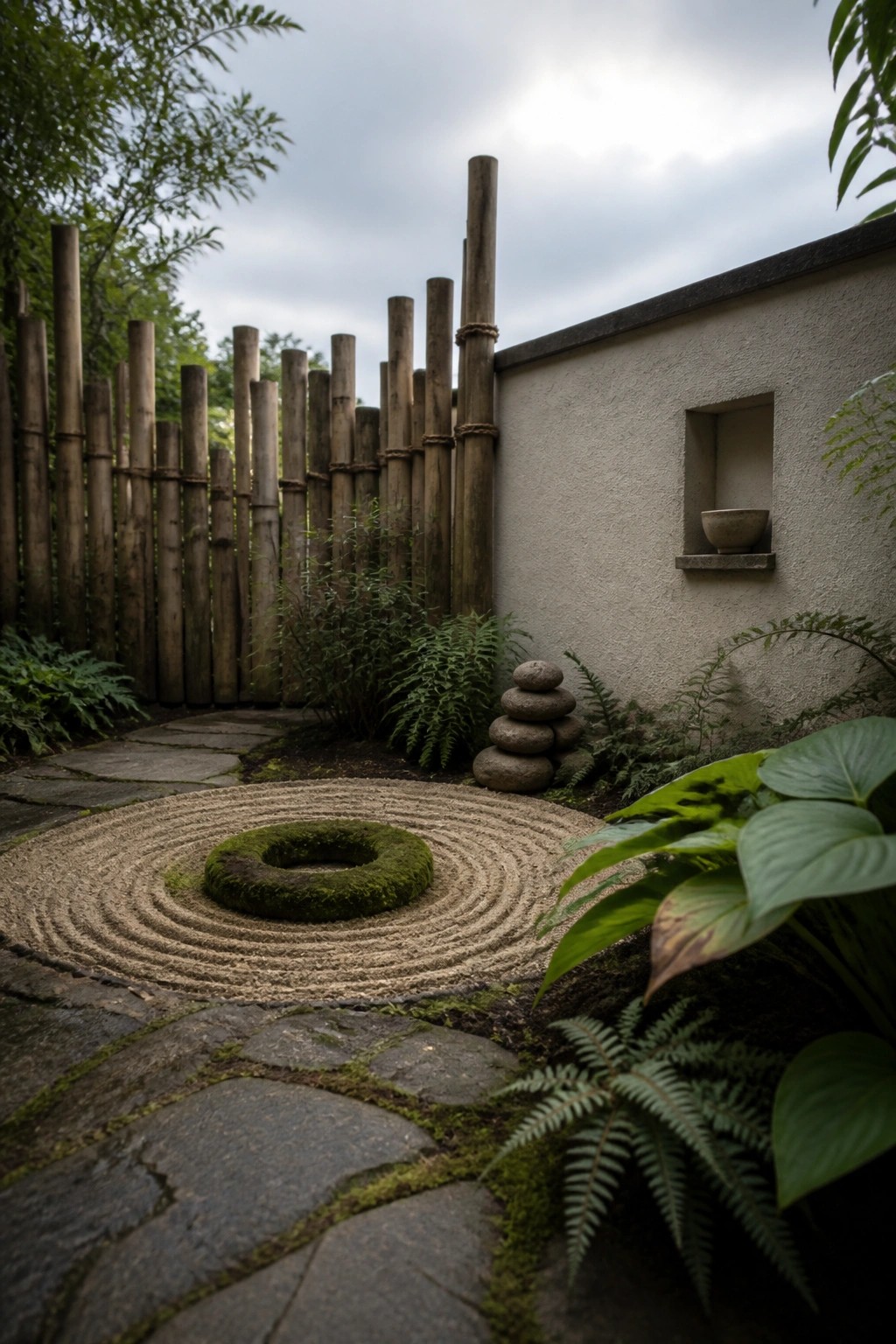 A zen garden featuring a circular raked gravel design with a moss center, bordered by bamboo fencing and stone pavers.