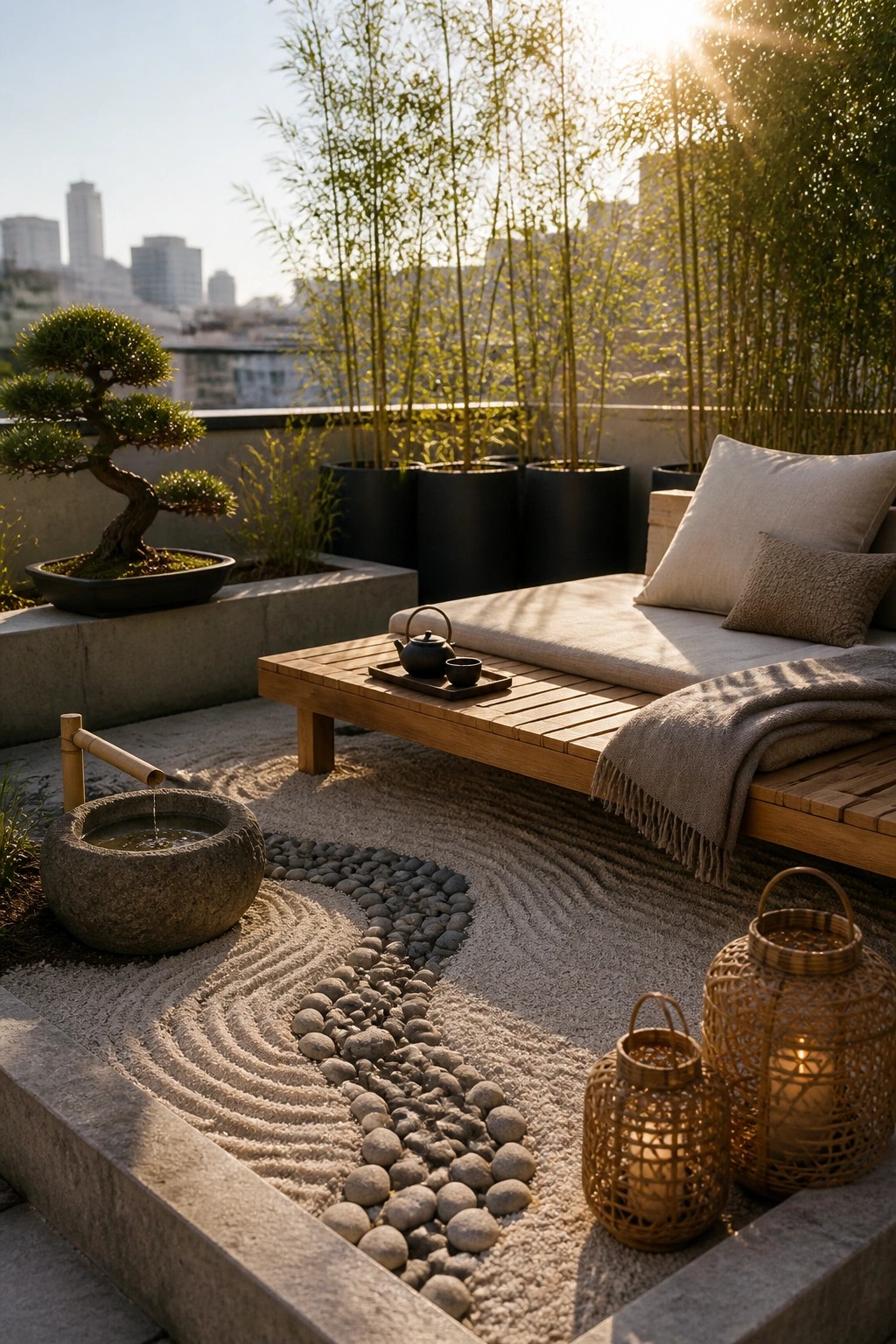 A rooftop patio with wooden lounge seating, a bonsai tree, tall bamboo in black pots, a stone water basin with bamboo spout, raked gravel and pebble patterns, and two lit woven lanterns at sunset.