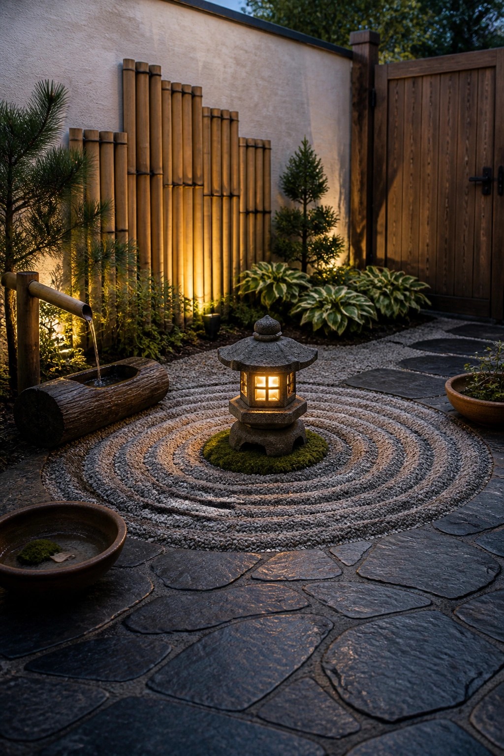 A zen garden featuring raked gravel in concentric circles around a stone lantern, with bamboo fencing, stone pavers, and a water feature visible.