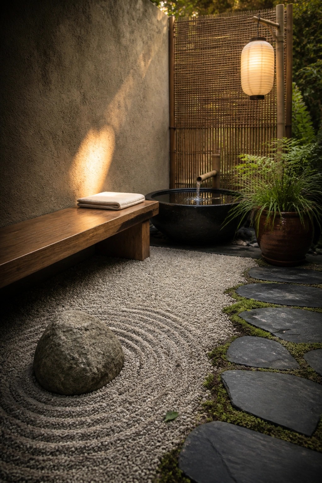 A zen-style garden corner with raked gravel around a large central rock, a wooden bench holding a folded cloth, a black stone water basin fed by bamboo, and a path of dark stepping stones bordered by moss.