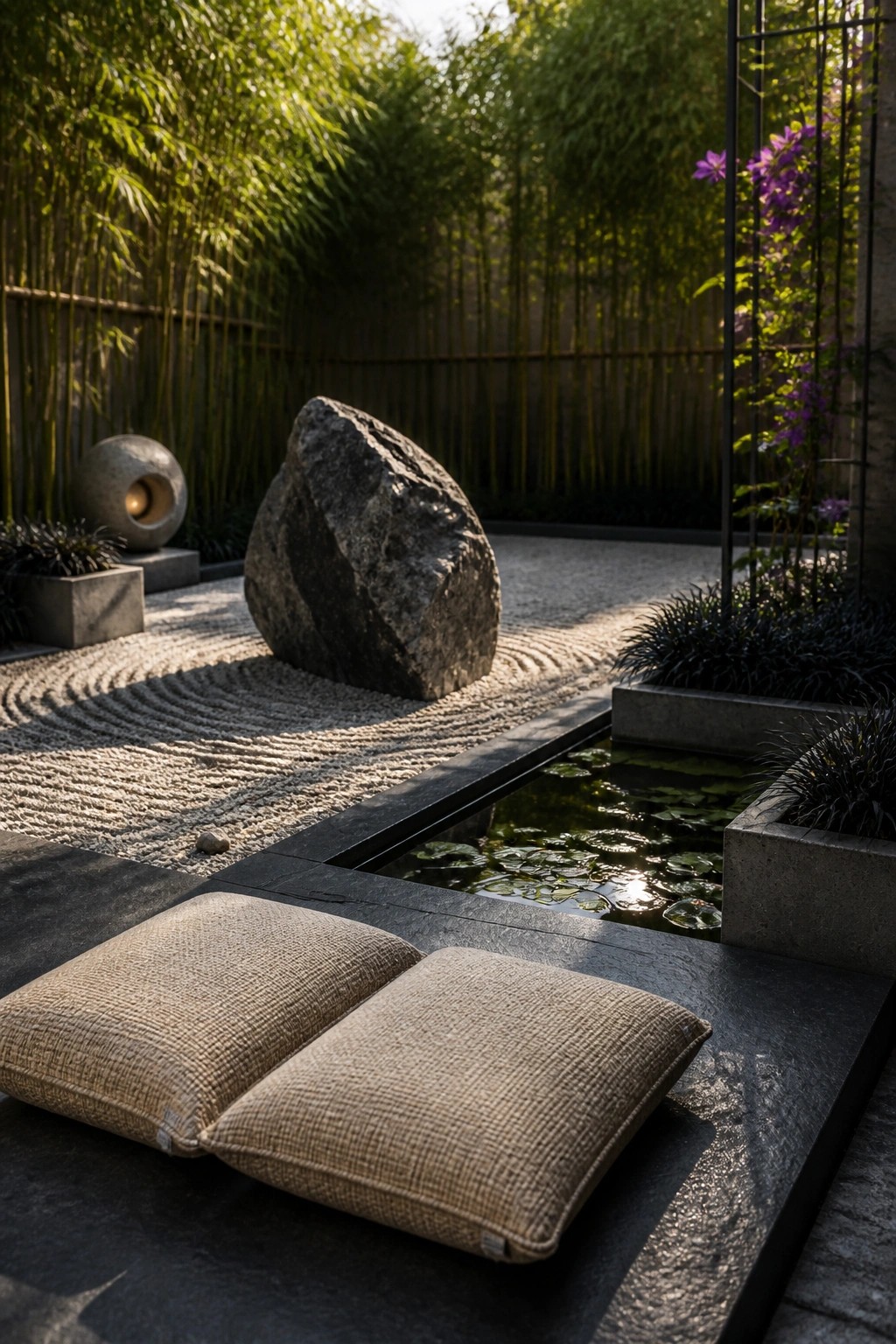 A zen-style garden with raked gravel around large rocks, a small pond with lily pads, two woven cushions on a dark platform, and tall bamboo in the background.