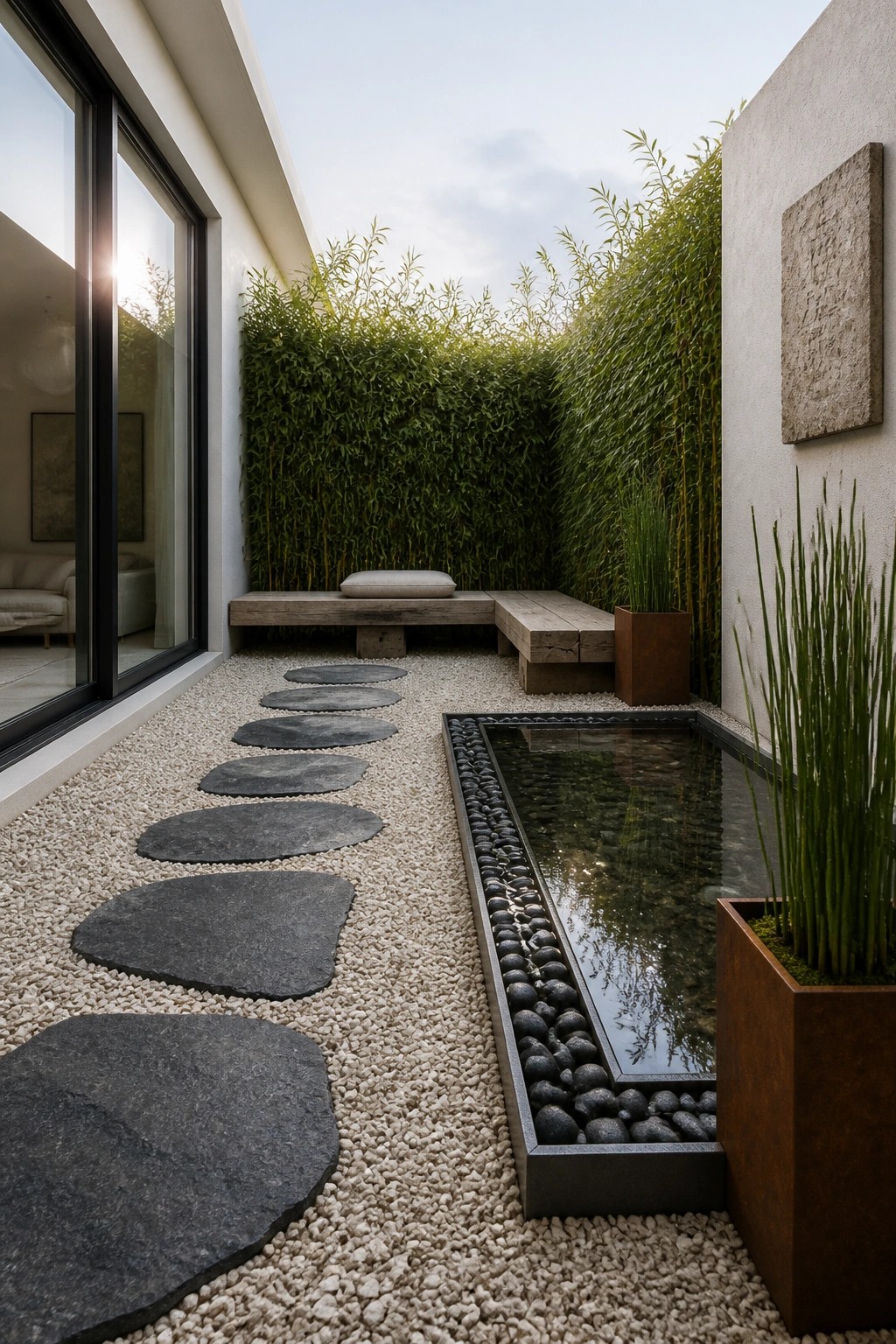 Modern courtyard with gravel stepping-stone path, rectangular pond, bamboo and wooden bench