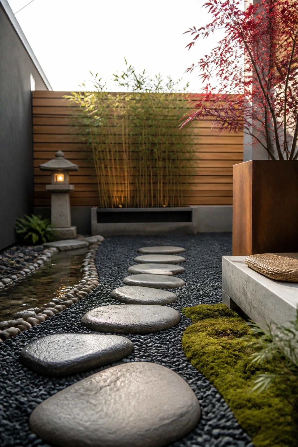 Stepping stones on gravel path in zen garden with lantern, bamboo, and red maple.
