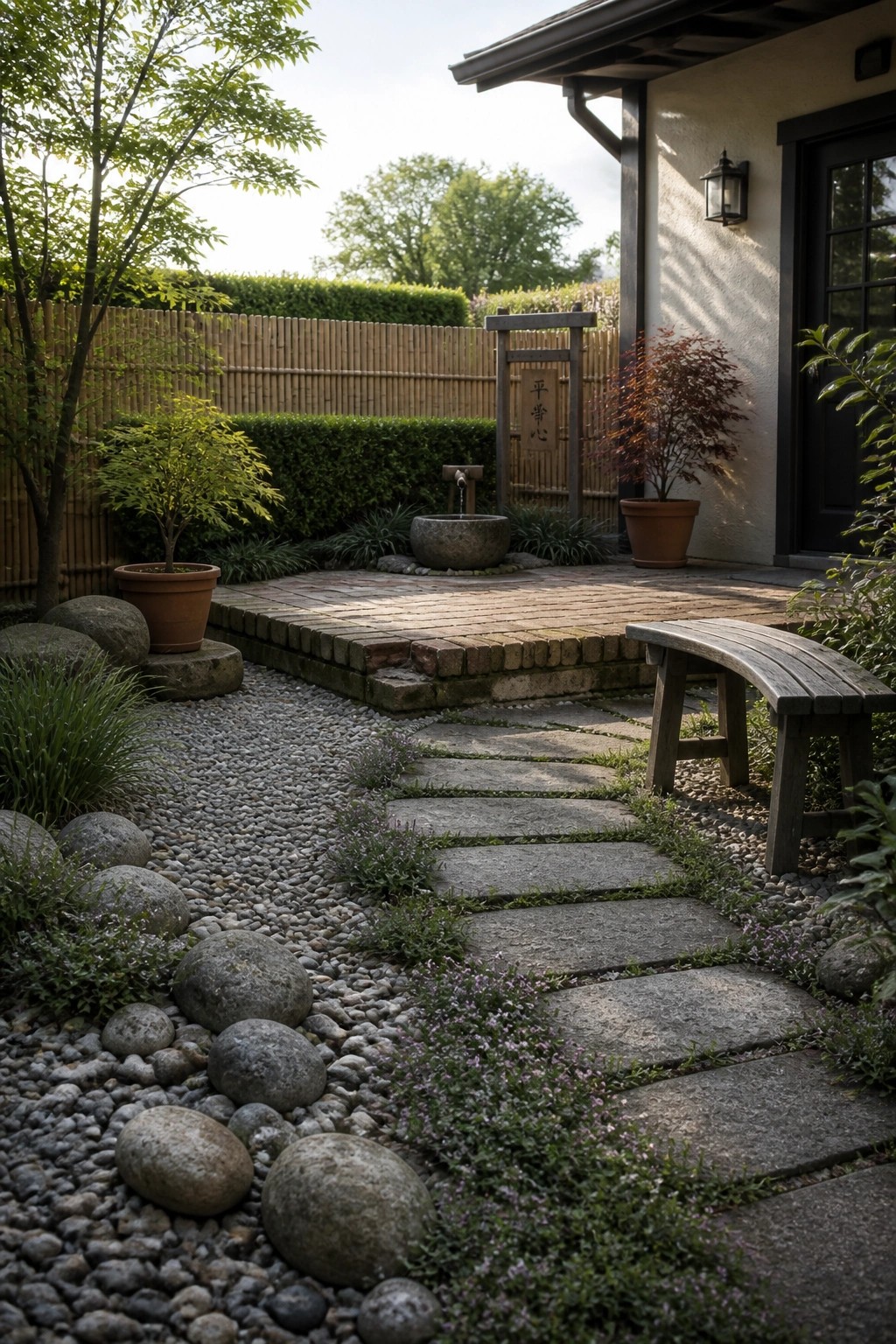 A gravel garden path made of large rectangular stepping stones leads toward a small stone water basin, with a bamboo fence, potted plants, and part of a house visible in the background.
