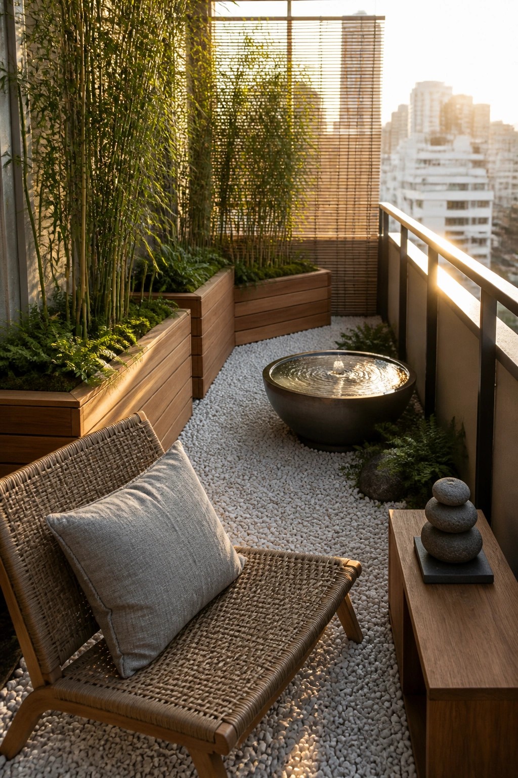A balcony patio covered in white gravel, with wooden planters holding bamboo and ferns, a round metal water bowl, a woven lounge chair with a gray cushion, and stacked stones on a nearby bench.