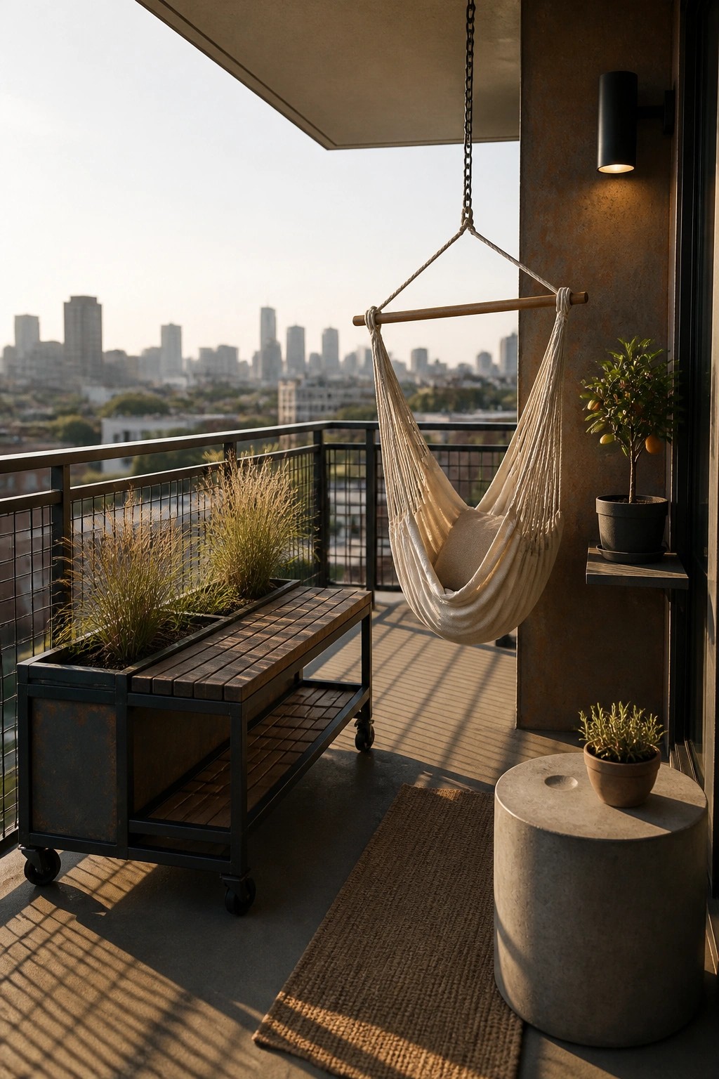 A balcony scene showing a dark metal bench with wheels holding rectangular planters, next to a hanging hammock and several potted plants.