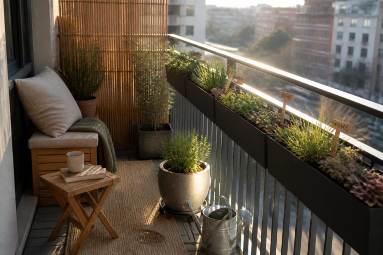 17 Renter-Friendly Balcony Garden Ideas With No-Drill Planters and Portable Pots A balcony with a wooden bench holding pillows, a large gray floor pot with a shrub, and three black rectangular planters mounted along the metal railing filled with small plants and herbs.