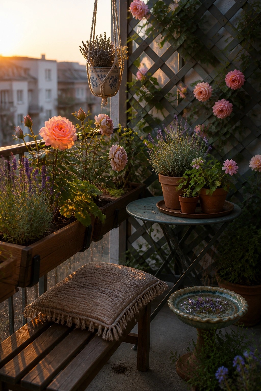 A balcony garden with a wooden bench, hanging planter, flower-filled box, small table holding potted plants on a tray, and a birdbath.
